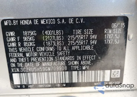 2016 Honda Hr-V Ex из США, поврежденный, VIN 3CZRU5H59GM709908